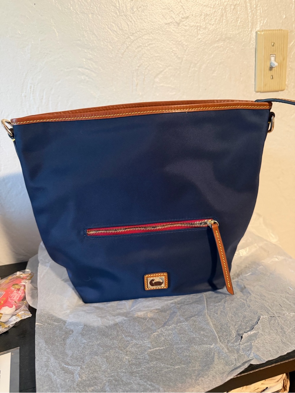 Dooney & Bourke Navy Nylon Crossbody with Brown Leather Trim - Picture 10 of 14